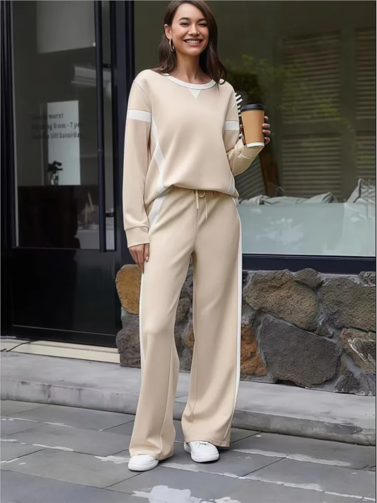 

New Women Vintage Pants Sets O-Neck Tops Elastic Waist Pant Suit Women's Tracksuit Autumn Fashion Casual Female Two-piece Set