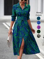 Elegant Random Print Button Down Shirt Dress Women's Long Sleeve Belted Waist Midi Dress Spring Fall Office Casual Dress