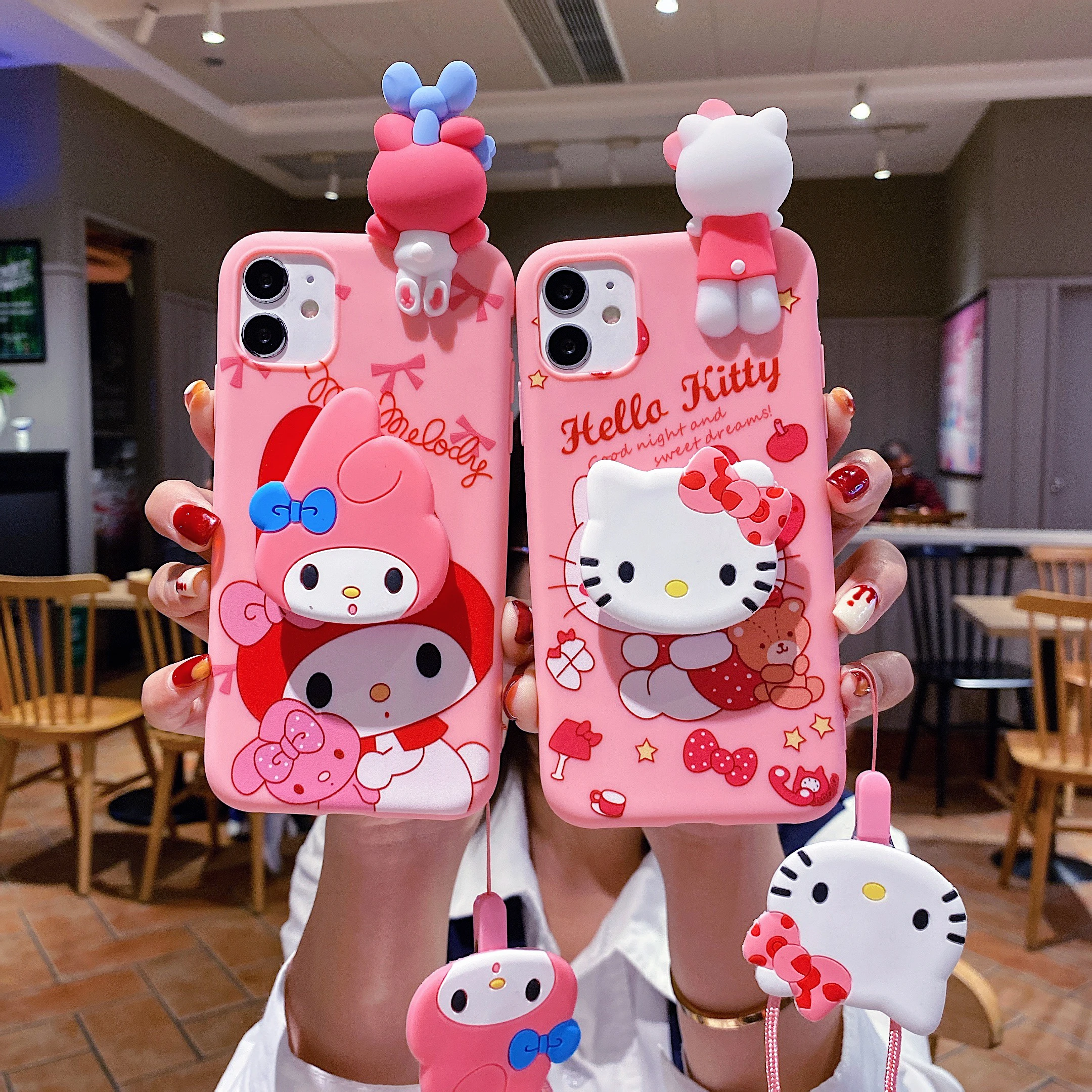 For iPhone 17 16 16e 15 14 13 12 11 Pro Max Air XR X XS Max 6 6S 7 8 Plus SE 3D Cartoon Sanrio Kitty Melody Holder Lanyard Case