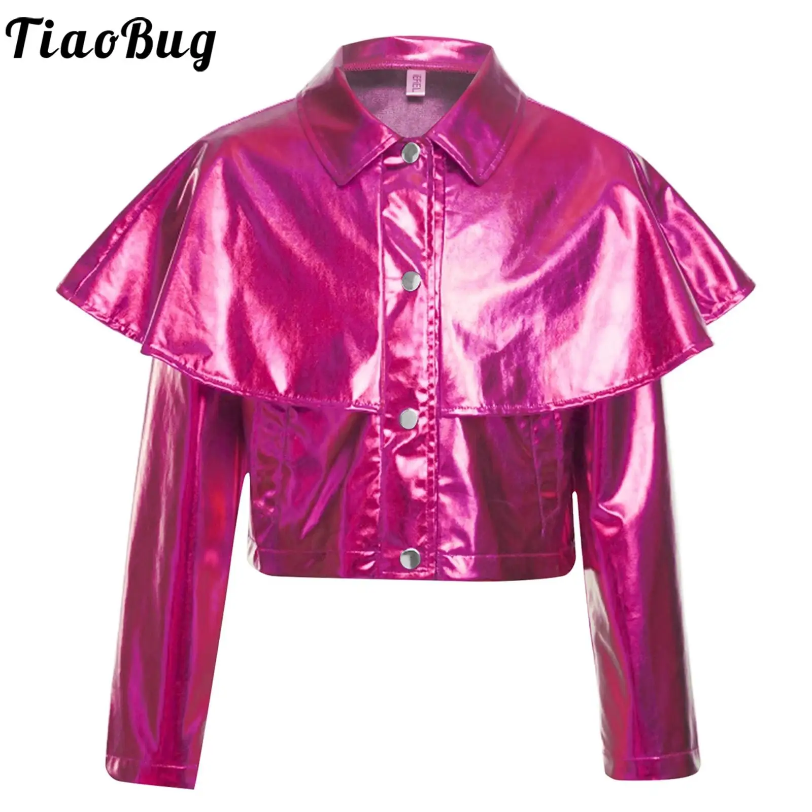 Kids Girls Disco Jazz Dance Metallic Gloss Bomber Jacket Shiny Turn Down Collar Long Sleeve Buttons Coat for Hip-hop Theme Party