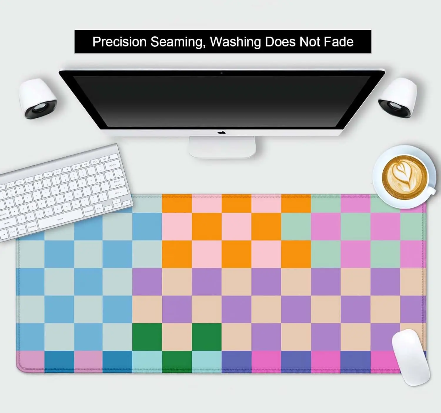 لوحة ماوس ملونة ذات مربعات كلاسيكية - حصيرة مكتب أرجوانية وردية وأزرق وأخضر مع حواف مخيطة وقاعدة مطاطية