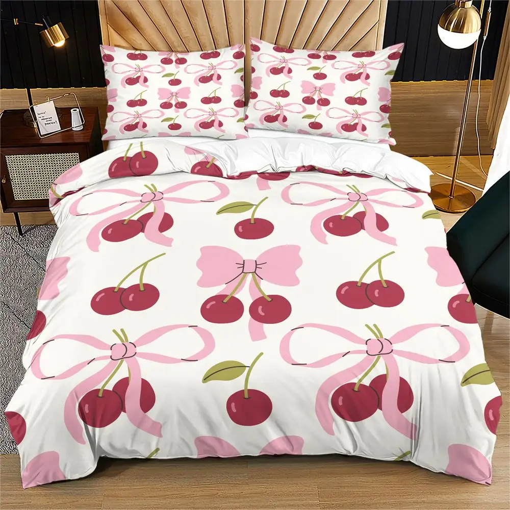 Cherry Bow Duvet Cover Set Pink Aesthetic Bedding Set Soft Microfiber Digital Print Bedspread Quilt Cover Home Decor