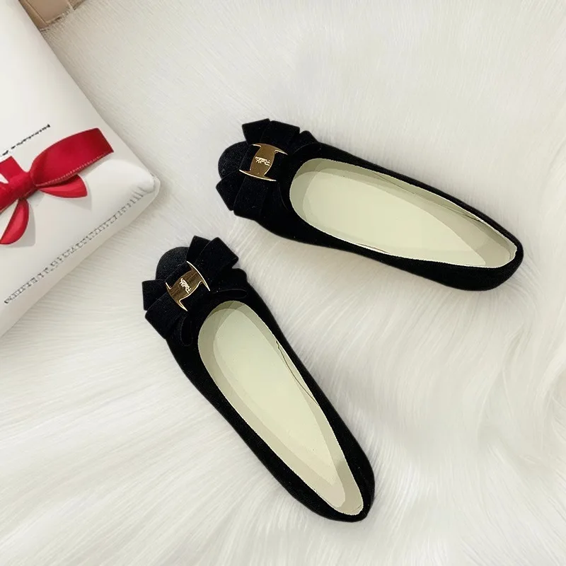 2026 sweet bow women\'s shoes flat with comfortable shallow mouth suede small pointed shoes large size 43 WSH2349