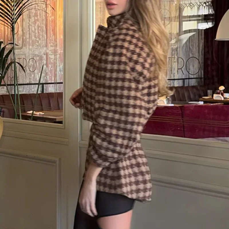 Gemütliche Grid Muster Frauen Shorts Sets Revers Lose Langarm Einreiher Rüschen Tops Hohe Taille Hosen Neue Mode Oberbekleidung – Detail 11