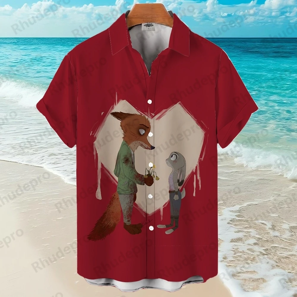 

Disney 2025 New Summer Zootopia Men's Short-sleeved Shirts Comfortable And Casual Lapel Spaceship Print Tops Camicia Uomo
