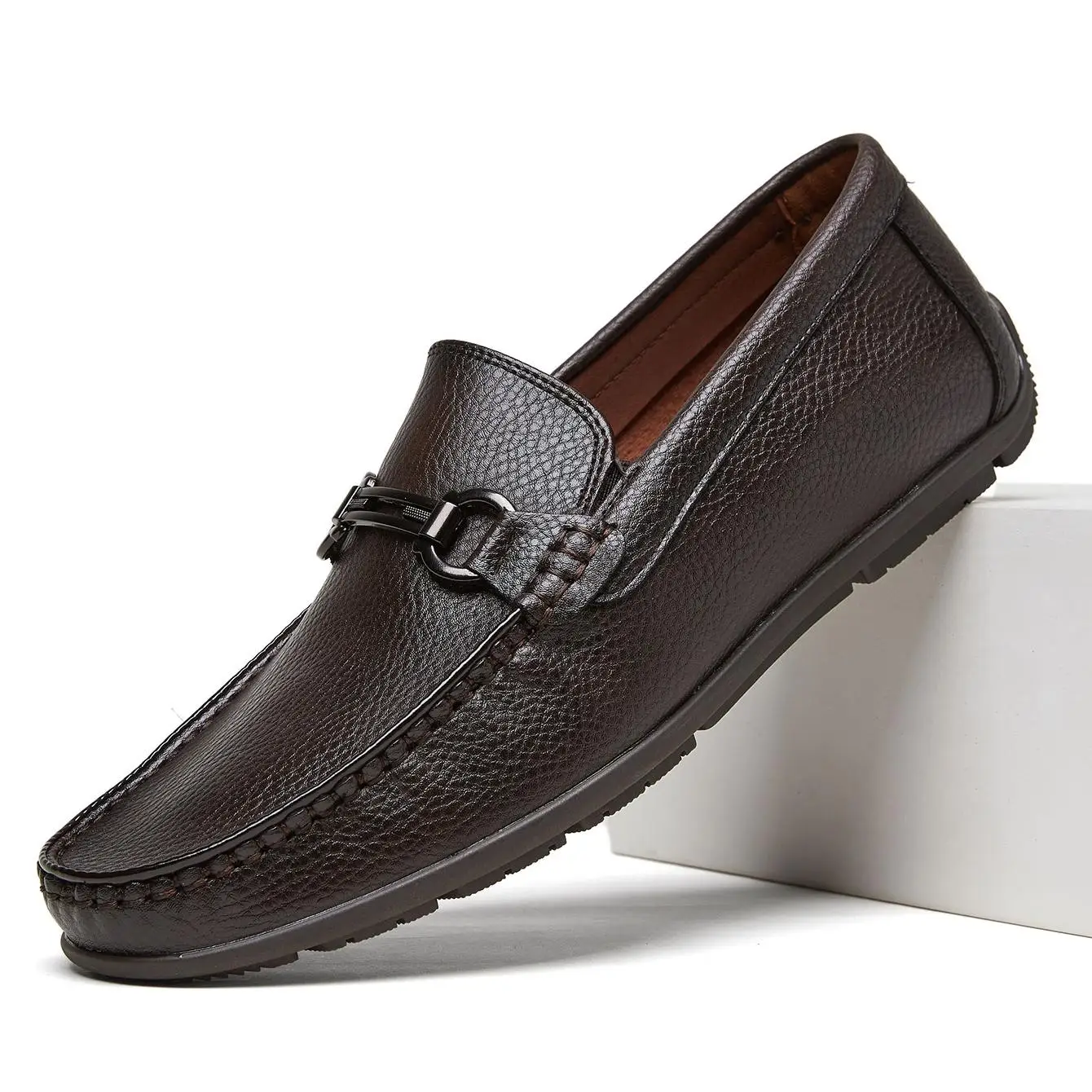 Desai Men's 2026 Autumn Easy-on PU Leather Driving Loafers Metal Buckle Comfort Sole For Office Commute Leather Casual Shoes