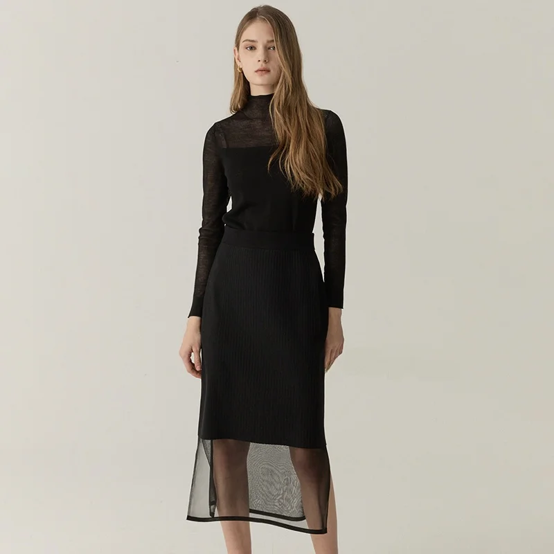 

Elegant Two-Piece Knitwear Set with Wool Half-High Collar Skirt Elastic Commute Versatile Korean Style Long Sleeve Regular Le...