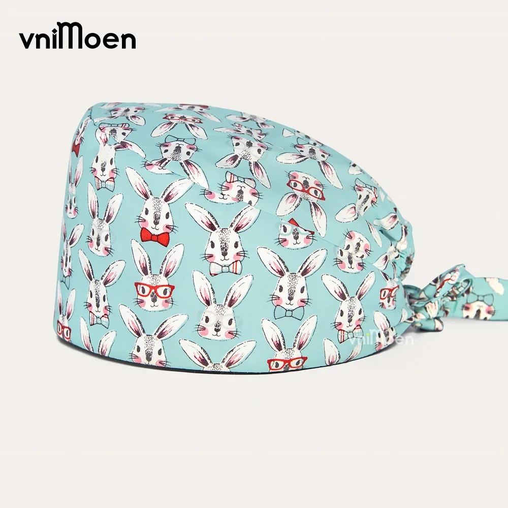 wholesale cartoon rabbit printing Pet Veterinary work hats laboratory work cap pet caring Elastic Sweatband Surgical cap