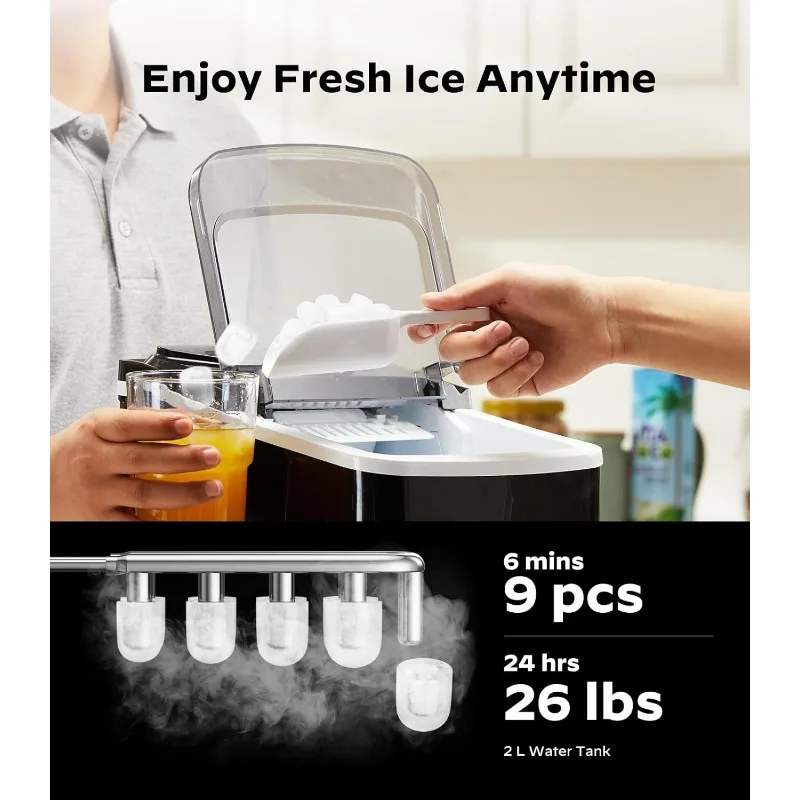 صانعة الثلج الذكية على سطح الطاولة من Silonn، ماكينة صنع الثلج المدمجة مع التحكم في التطبيق، 9 مكعبات في 6 دقائق، 26 رطلاً في اليوم، مقاسين مكعبات الثلج