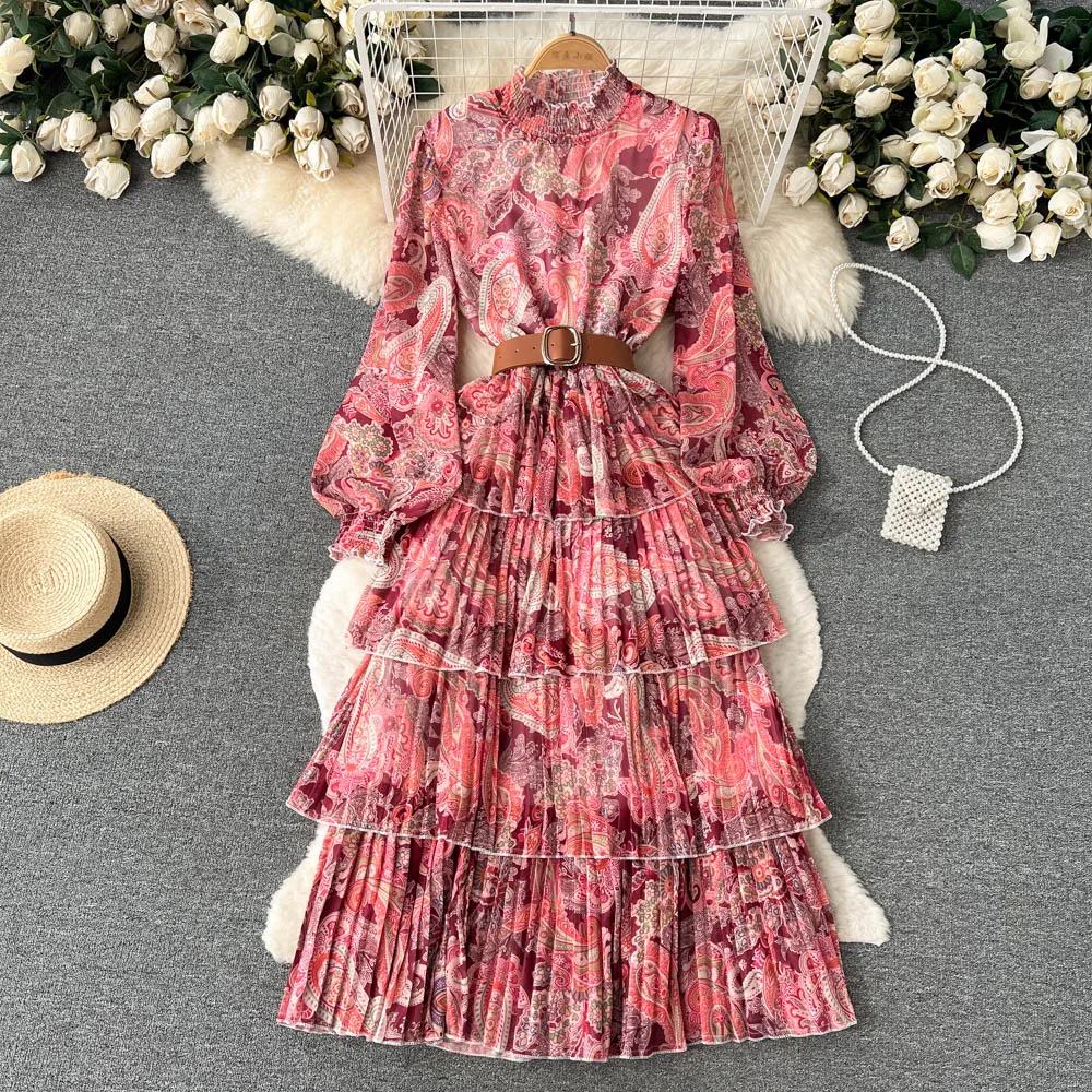 

Spring Autumn Lantern Sleeves Cake Long Dress Standing Neck Mesh Long Sleeve Ruffled Edge Printed Waist Wrapped Big Swing Dress