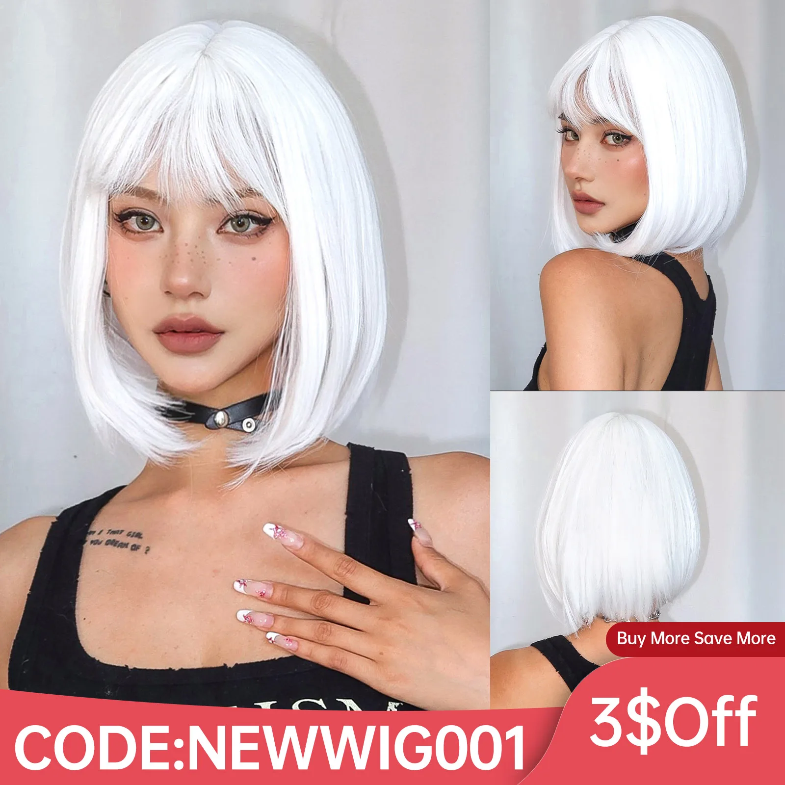 Gothic Bob Wig Bright White Wig Straight Synthetic Hair Shoulder Length Short Wigs for Women Party Use