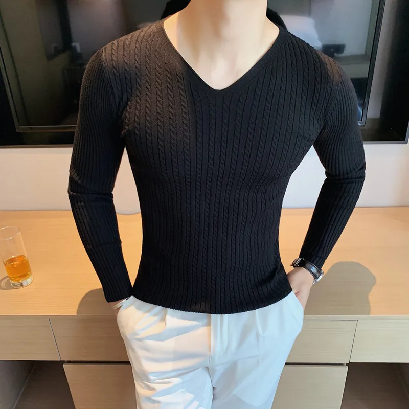 2023 Winter Sweaters Men Korean Fashion Streetwear V-Neck Sweaters Solid Color Men Cashmere Sweater Woolen Slim Trends S-3XL