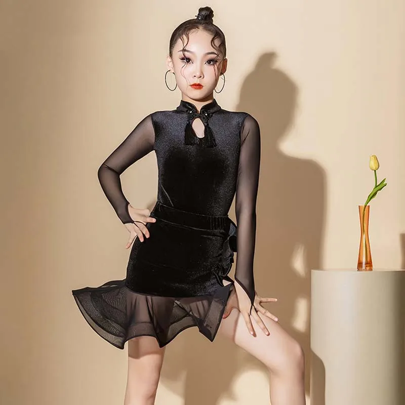 

Velvet Latin Dance Comepetition Suit Girl Chacha Stage Wear Samba Practice Clothes Black Long Sleeve Bodysuit Ruffled Skirt 1880