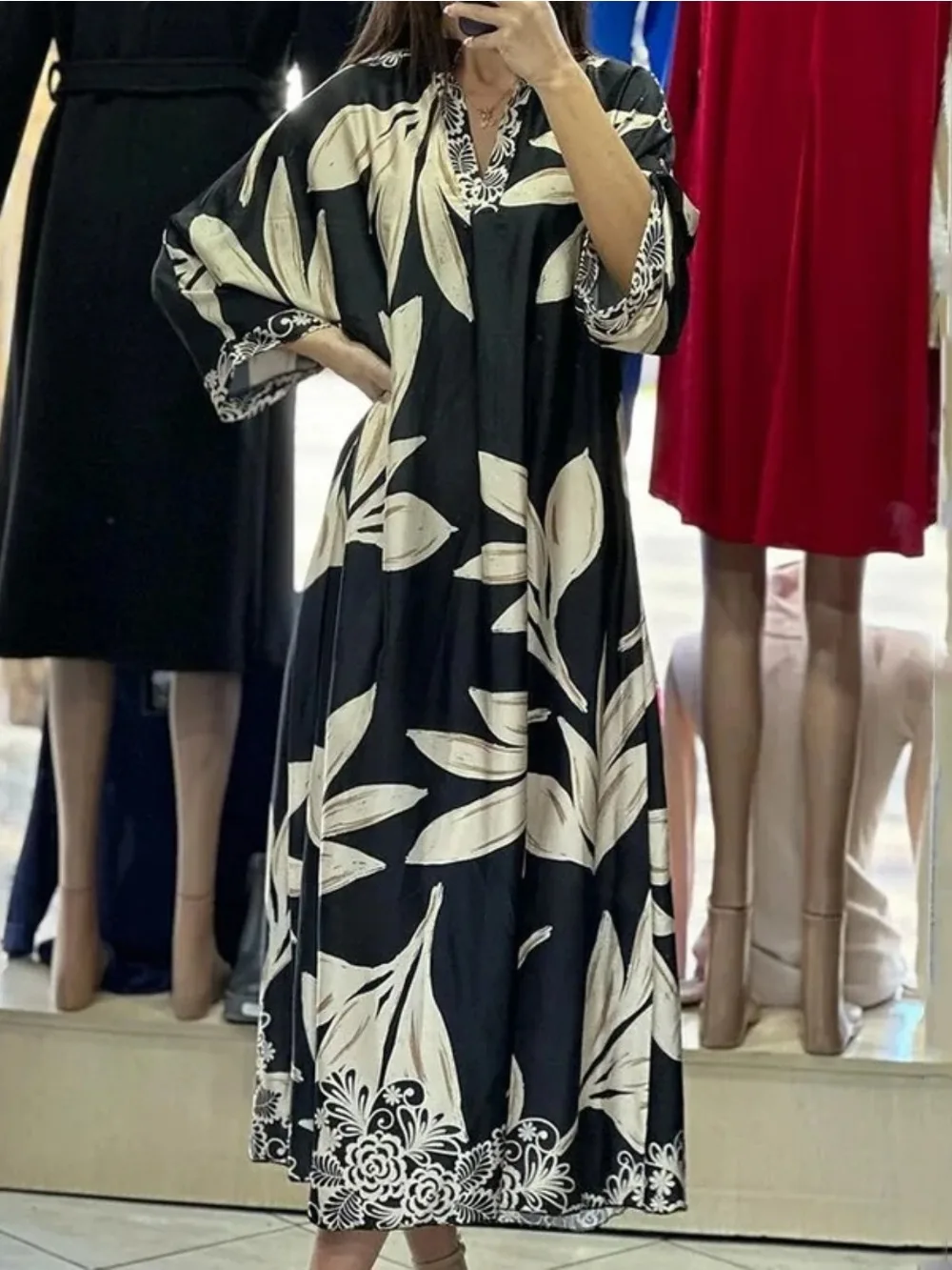 

Elegant Women Dress V Neck Print Loose Vestidos Largos Abaya Muslim Jalabiya Ramadan Islam Party Dresses Arab Long Robe Kaftan
