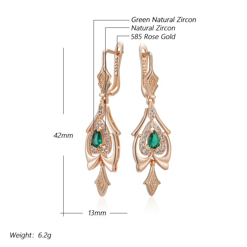 Kinel Hot 585 Rose Gold Color Fine Drop Earrings for Women Crystal Flower Green Natural Zircon Accessories Daily Vintage Jewelry