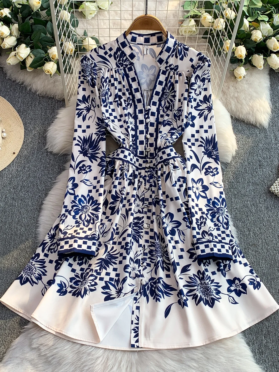 Retro Court Sle Satijnen Print V-Ne Dr Dames Herfst Winter Enkele knop Afslanken A-lijn Midi Dr Hoge taille