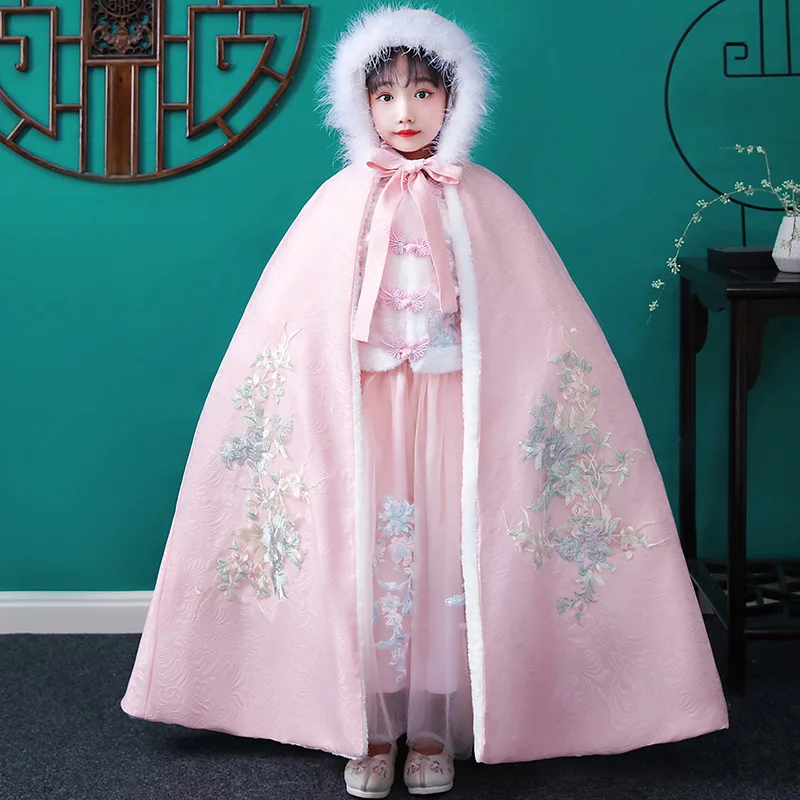 

Children's Embroidery Cloak Girl's Long Thickened Princess Lovely Shawl Out Windproof Autumn And Winter Chinese Style