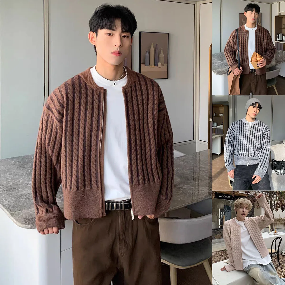 Autumn and winter new knitted sweater men's cardigan jacket short twist stripes