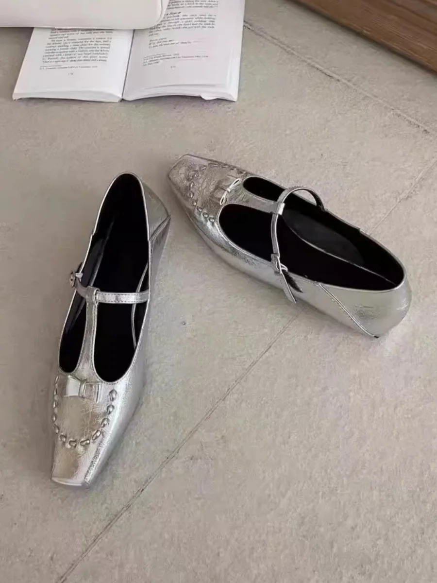 

2025 Spring New Women's Mary Jane Shoes Square Toe Low Heel Bowknot T-Strap Retro Elegant Office Women's Single Shoes