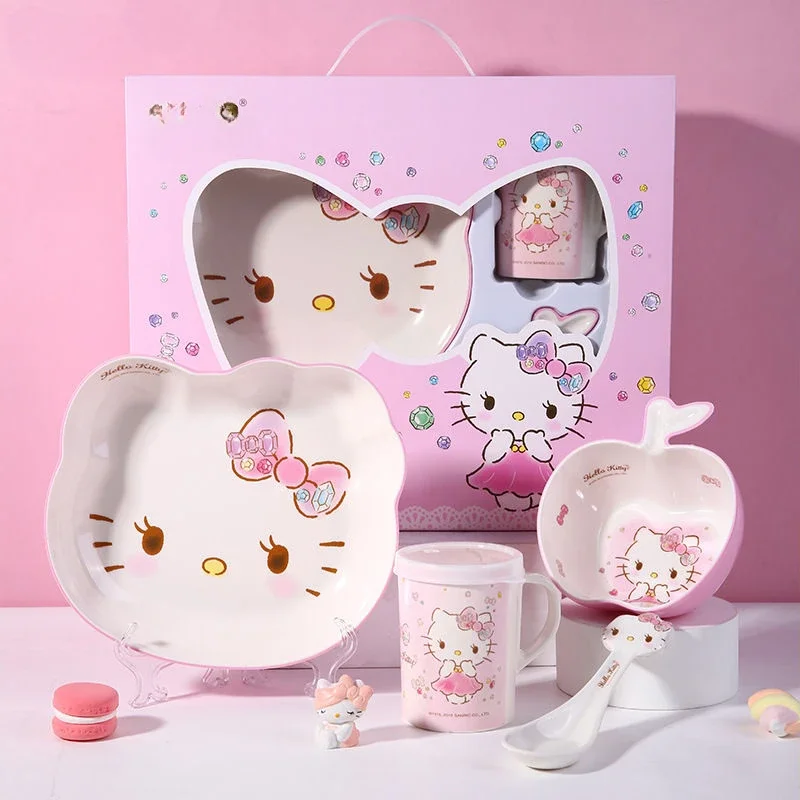 

Cartoon Cute Hello Kitty Kuromi Tableware Set Creative Kawaii Household Bowl, Plate, Spoon Kitchen Supplies Gift Box Wholesale
