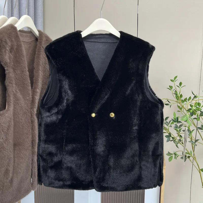 Plus Size Women Faux Fur Waistcoat Winter Loose Thick Sleeveless Vest Fashion Warm V-Neck Coat 1327