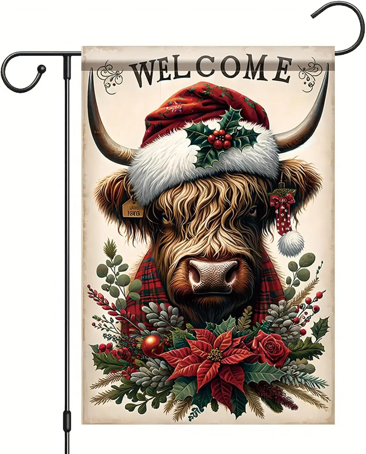 Christmas Garden Flag Highland Cow Welcome Plaid Santa Hat Poinsettia 12x18 Inch Double Sided Outdoor Yard Banner for Farmho PPZ