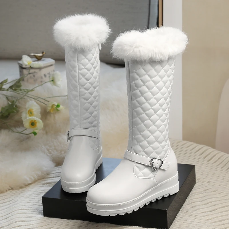 Faux Fur Sewing Raised Plaid Metal Heart Buckle Side Zipper Sweet Knee Length Boots Thick Plush Lining Flat Bottom Elevated Shoe