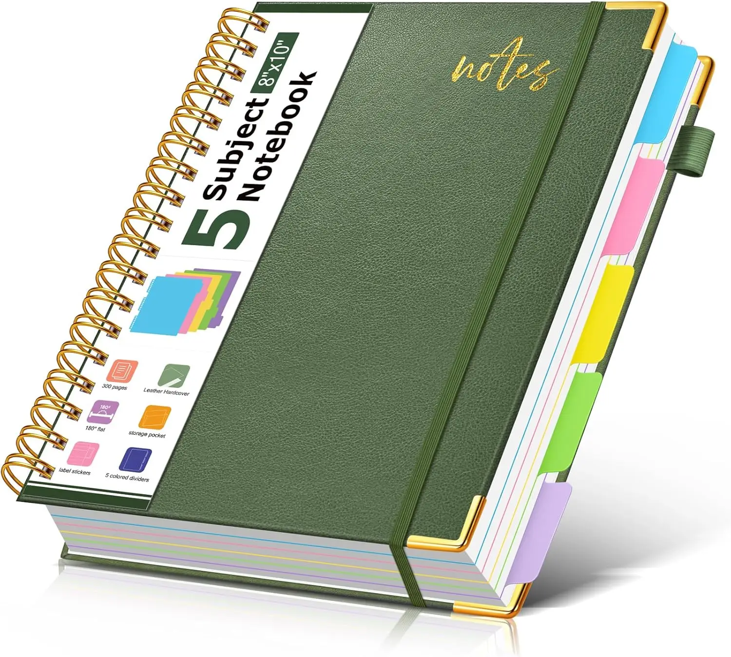 

5 Subject Spiral Notebook, 300 Pages, Hardcover Leather, 8x10, College Ruled, with Dividers & Tabs, Green
