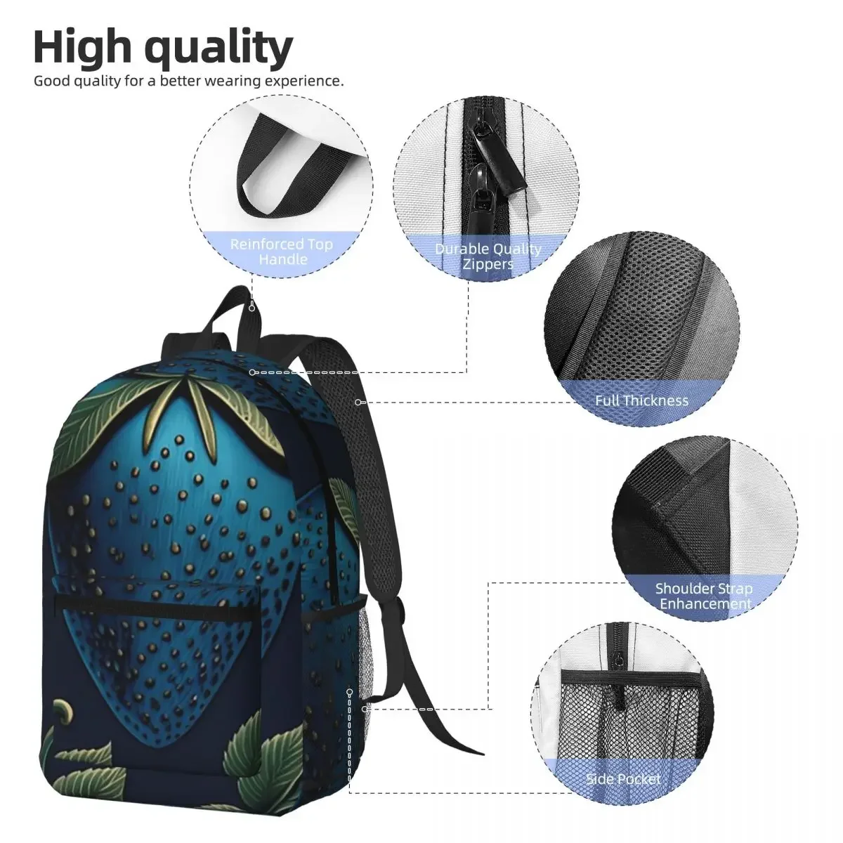 Cute Blue Strawberry On Black Pattern Backpack Student BookBag Kids School Bag Computer Shoulder Bags for Men Women