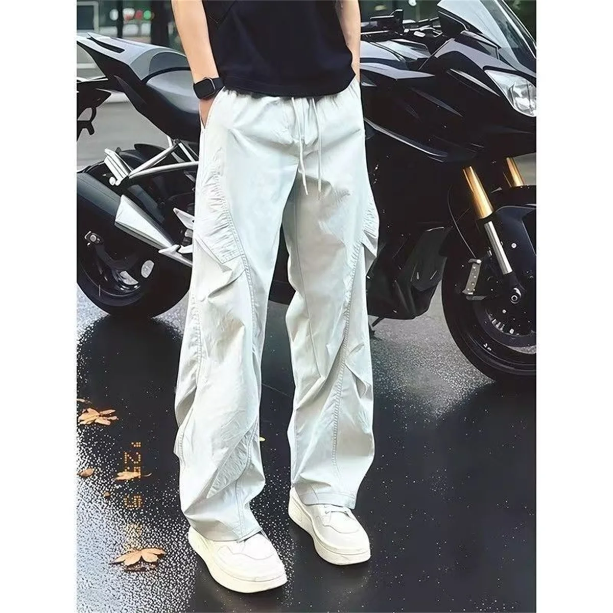 2025 New Thin Ice Silk Quick Drying Pleated Work Pants Summer Solid Color Men's Fashion Loose And Versatile  Casual Pants