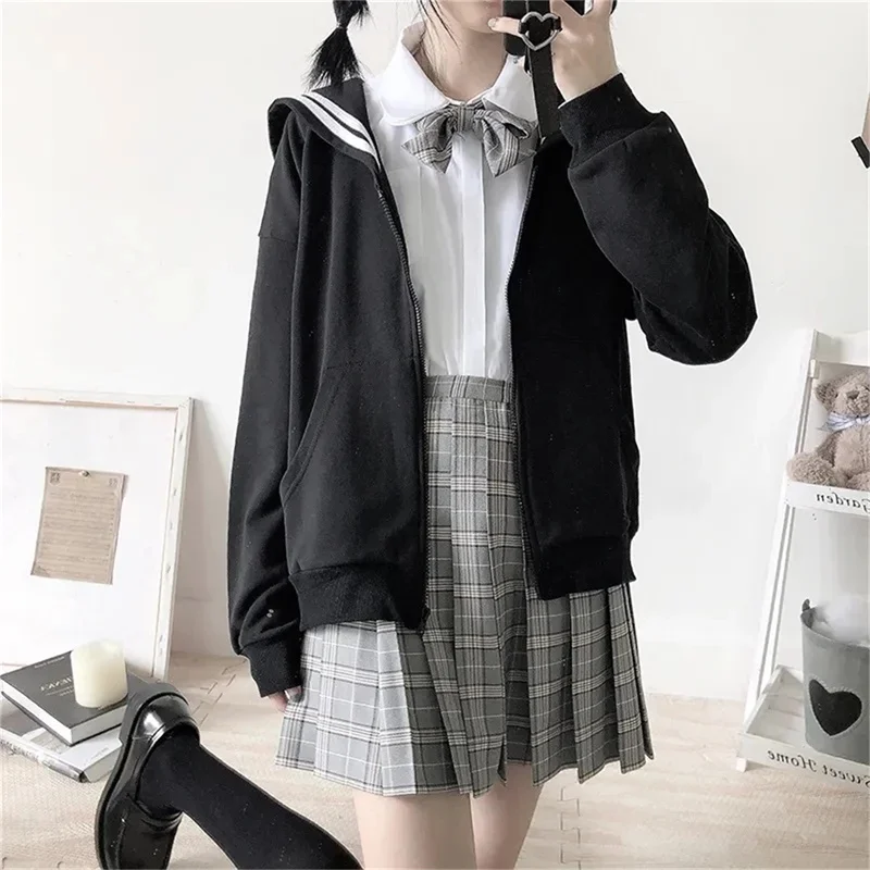 Kawaii Black Zip Up Hoodie Women Sailor Collar Sweatshirt Japanese Streetwear Soft Girl Fashion Oversized Sweatshirt