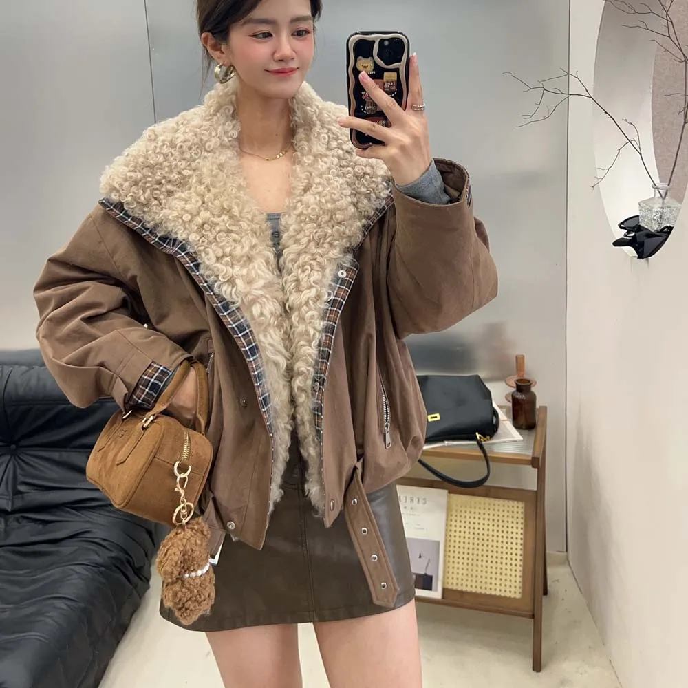 الرجعية الأزياء الفراء طوق معطف المرأة شتاء جديد فضفاض عارضة الدافئة صوف الضأن سترة أوزة أسفل بطانة داخلية يتغلب