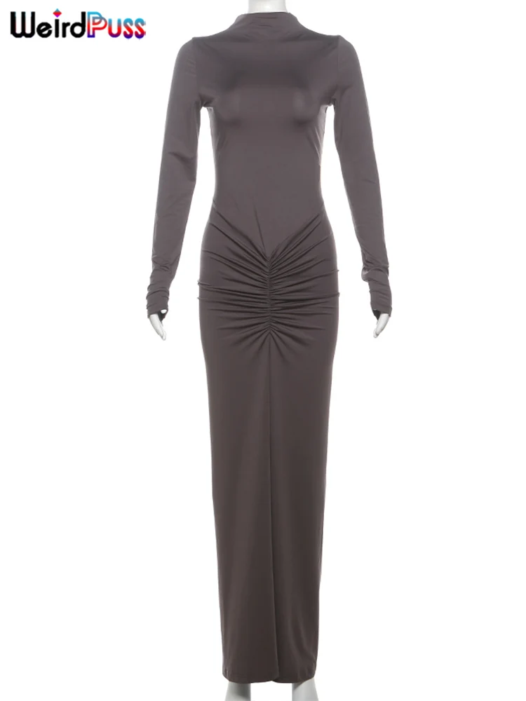 Weird Puss Hipster Ruched Dress Women o-NeckFull Sleeve Skinny Stretch Robe Autumn Trend Simple Classic Pleats Long Bodycon - Image 6