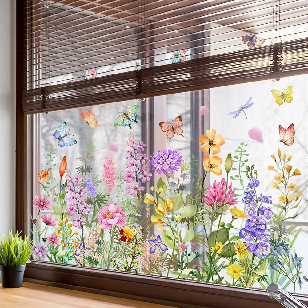 Double Sided Colorful Flowers Butterfly Wall Sticker Electrostatic Window Glass Sticker Visible Decorative Wall Decal - view 4