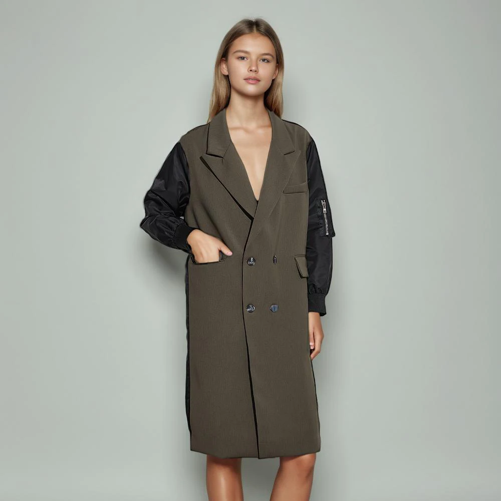 

Colorblock Patchwork Pockets Casual Windbreakers For Women Notched Collar Long Sleeve Spliced Button Coats Female