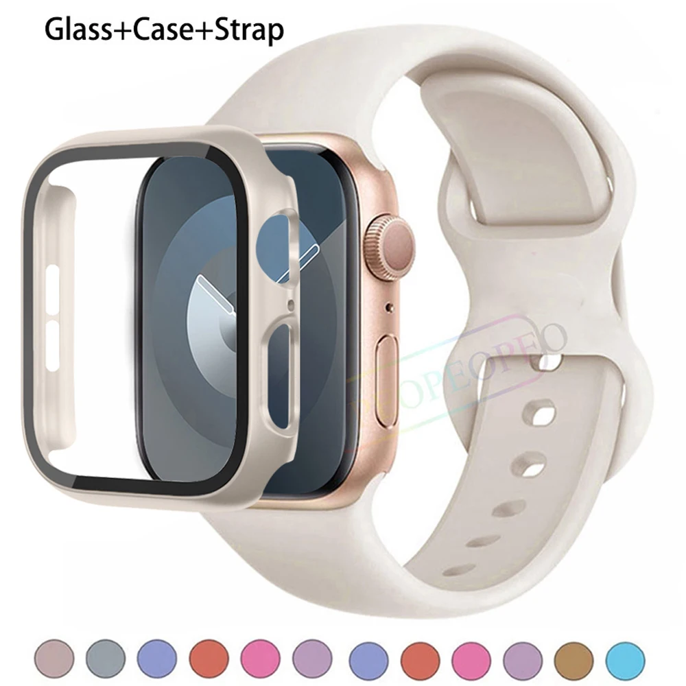 

Glass+Case+Strap For Apple Watch band 44mm 42mm 41mm 44mm 40mm 38mm Silicone watchbands bracelet iWatch series 7 9 8 3 4 5 6 se