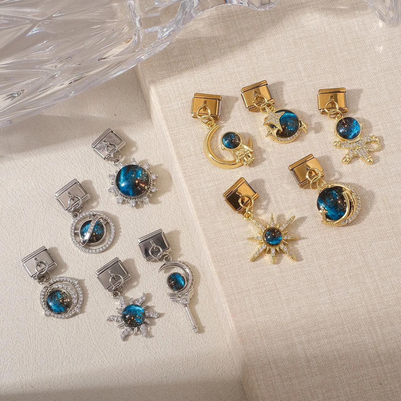 10Pcs Shiny Crystal Star Italian Charms Blue Galaxy Astronaut Modular Links 9mm Stainless Steel Charms Pack DIY Making Wholesale