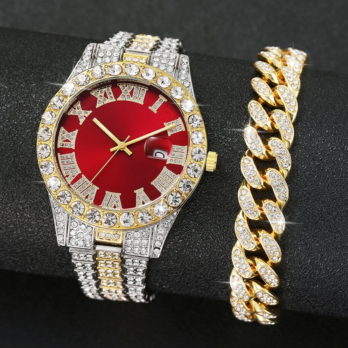 2PCS Luxury Rhinestone Men's Analog Quartz Watch Set