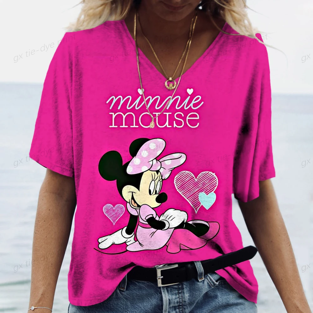 T-shirt da donna di moda Topolino Stampa Ragazze Estate Harajuku Abbigliamento casual allentato T-shirt a maniche corte con scollo a V Kawaii