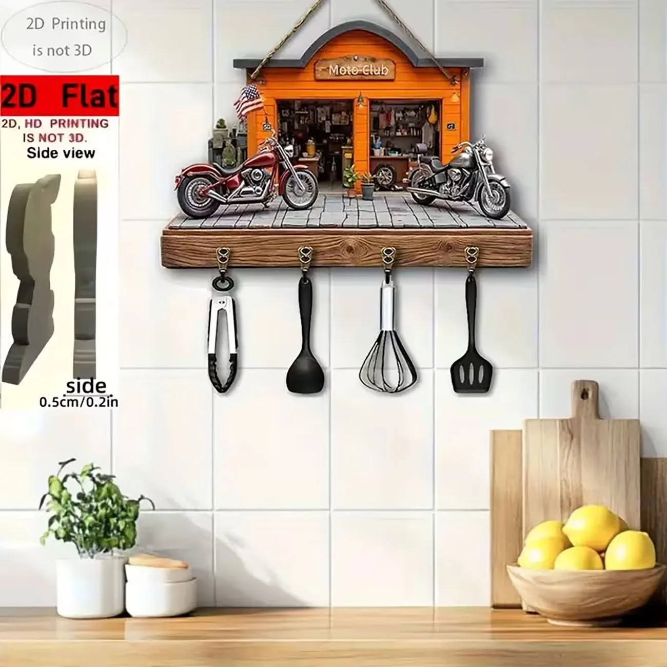 2D Flat Moto Club Key Holder with Two Classic Motorcycles Print, Four Hooks, Retro Biker Style Kitchen Wall Decor.