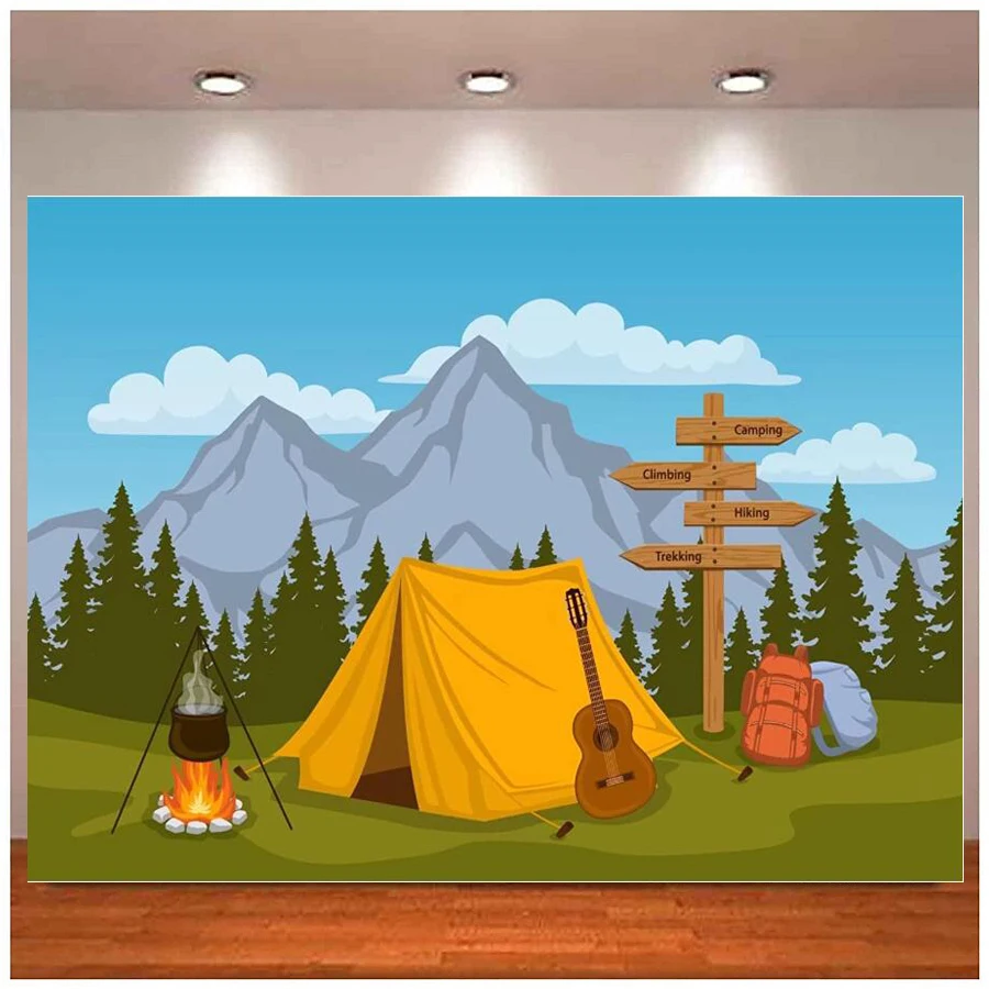 

Cartoon Camping Backdrop Forest And Mountain Scenery Outdoor Campfire Camper Tent Birthday Party Background Hiking Climbing