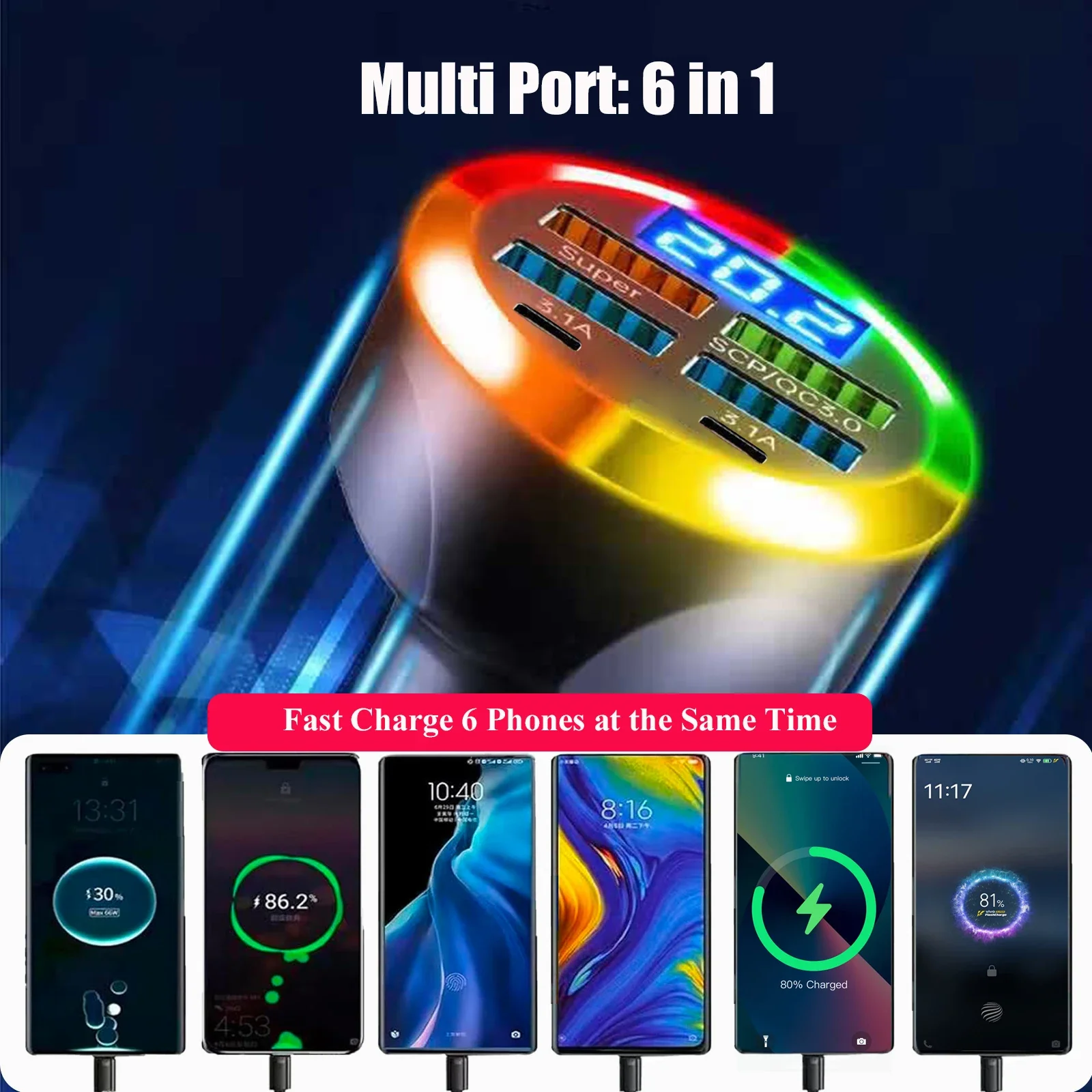 UYUXIO Multi Port USB C Car Phone Charger 6 in 1 Super Fast Charge Adapter with Voltage Display for iPhone 16 15 Pro Max Samsung