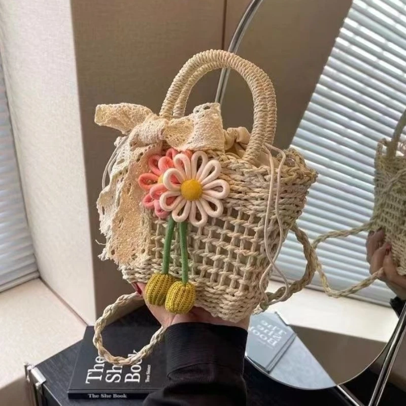

Flowers Woven Summer Bag New Styles Vacation Beaches Women's Tote Bag Summer Beach Woven Shoulder Pouch Girls Tote Shopper Bag