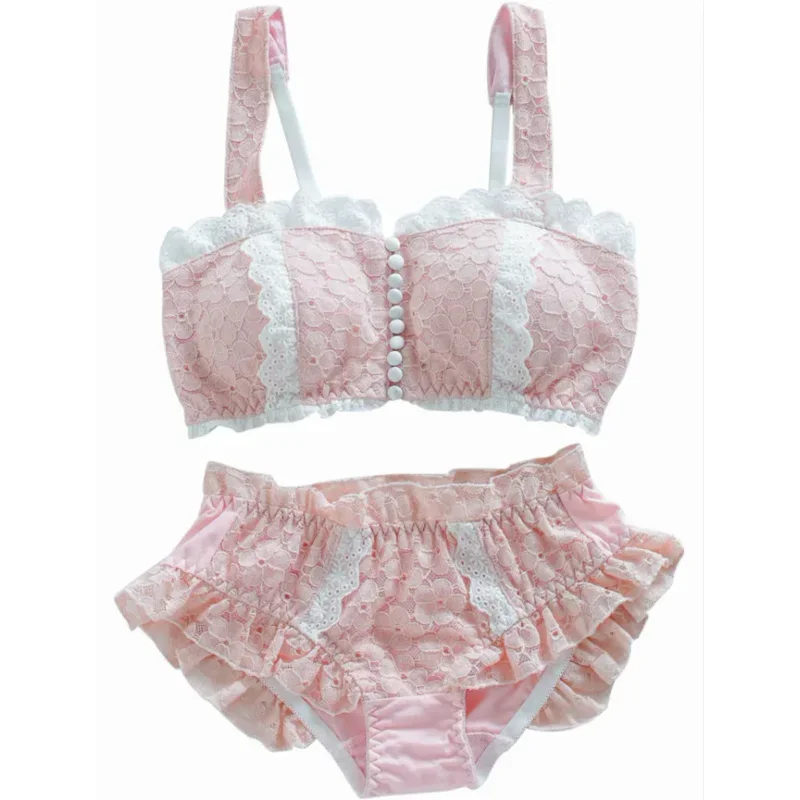 Set reggiseno con top a tubo in pizzo di cotone con bottoni frontali Lolita per ragazza giapponese Set intimo bianco Kawaii retrò stile dolce senza anello in acciaio