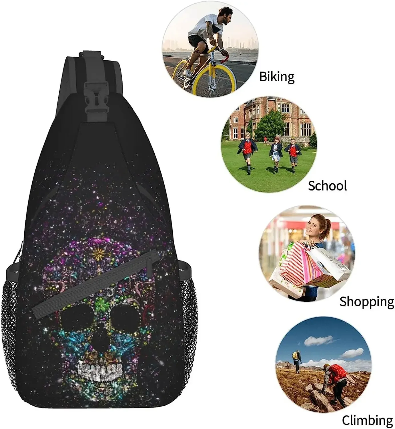 Skull Sling Bag for Women Men, Funny Crossbody Sling Backpack Shoulder Bag Chest Bag for Travel Hiking