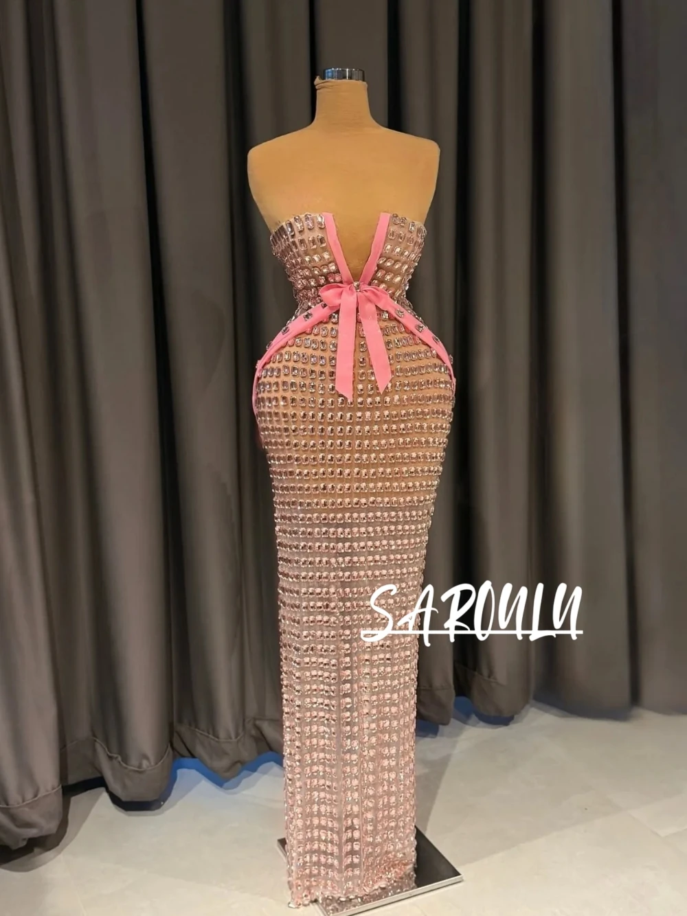 

Elegant Handmade Crystal V Neck Pink Bowknot Mermaid Prom Dress Formal Exquisite Evening Party Wedding Guest Gown Customized