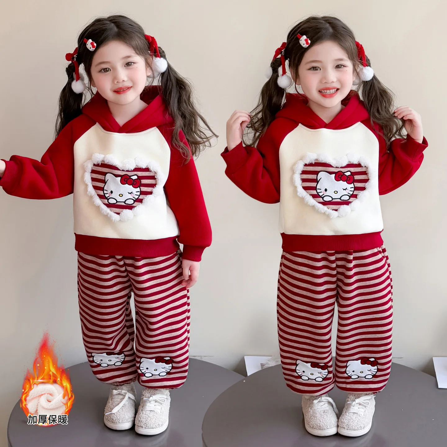 

Осенне-зимний плюшевый утепленный комплект для девочек в стиле аниме, детская толстовка с капюшоном «Hello Kitty», комплект из двух предметов, модный милый комплект для малышей