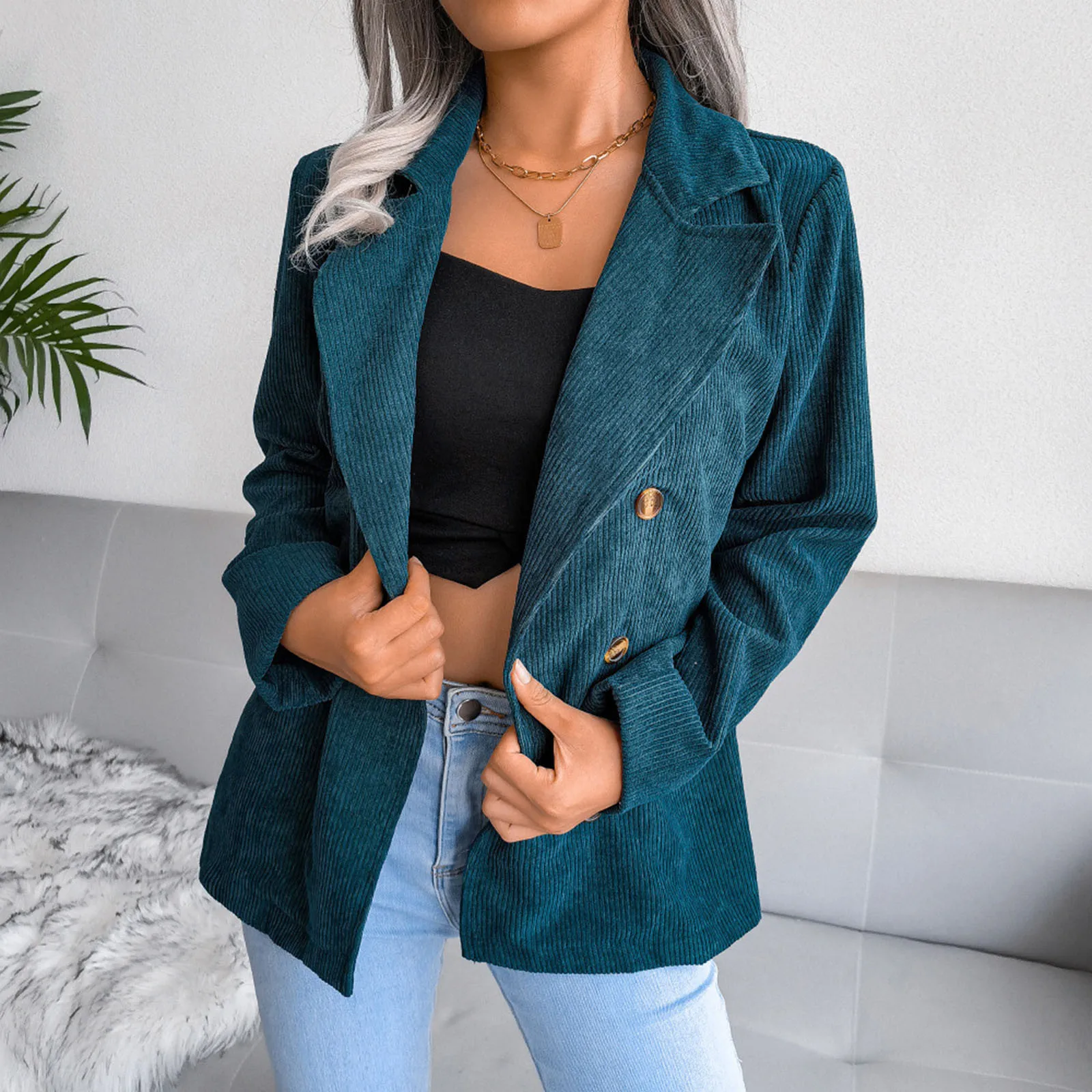 Blazer de veludo duplo trespassado feminino, jaqueta extragrande, terno solto, casaco de senhora do escritório, chique coreano, outwear monocromático, 2021