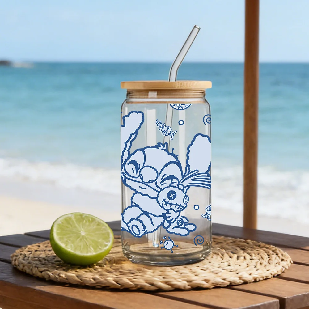 1pc 16oz Stitch Glass Tumbler with Bamboo Lid & Straw, Cute Cartoon Borosilicate Glass Cup for Iced Coffee Juice Home Office view 4
