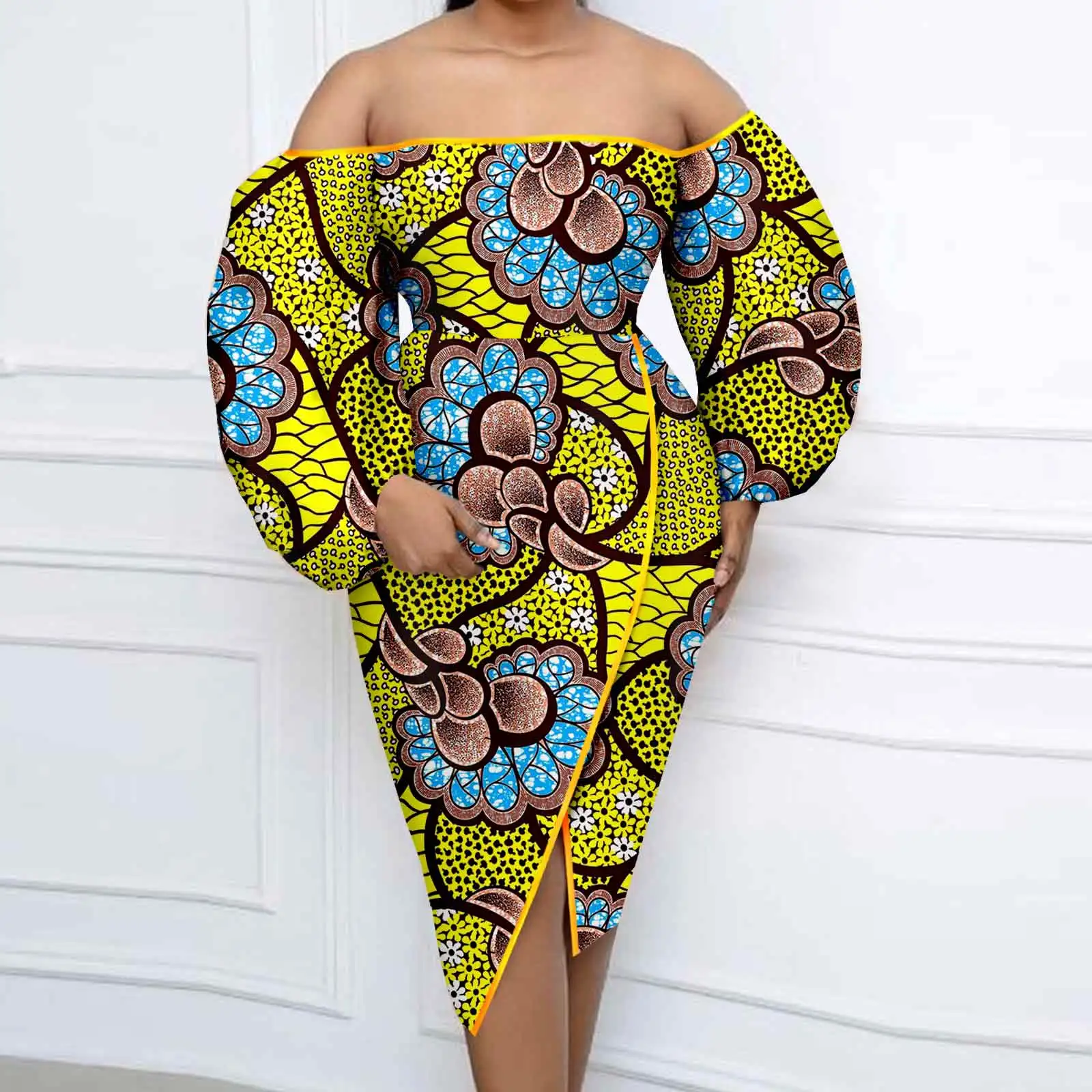 African Women's Long Sleeve One Shoulder Fit Loose Dresses Women's Maxi Gold Wrap Split Dresses 2425043